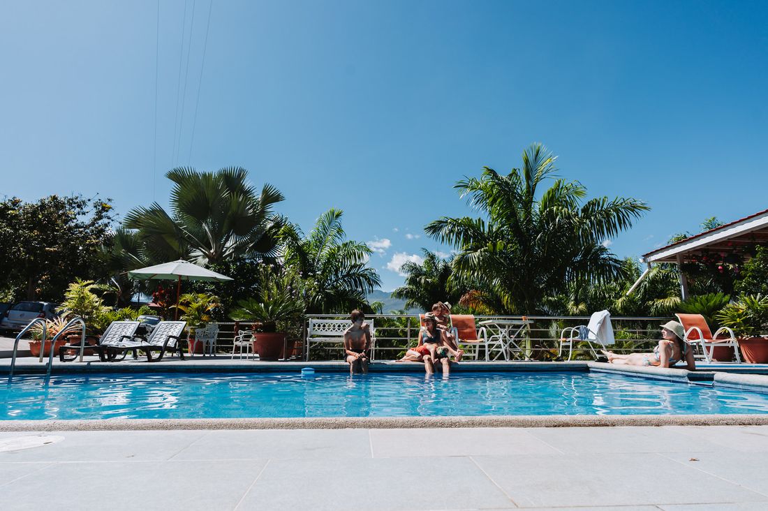 Piscina al aire libre rodeada de palmeras con vista al valle